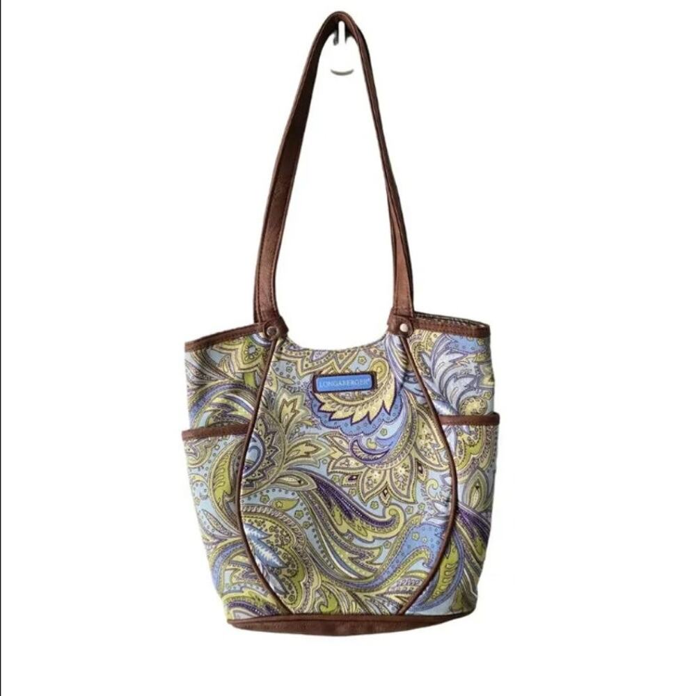 Longaberger Tote Blue Green Paisley Faux Leather Trim Handles EUC
